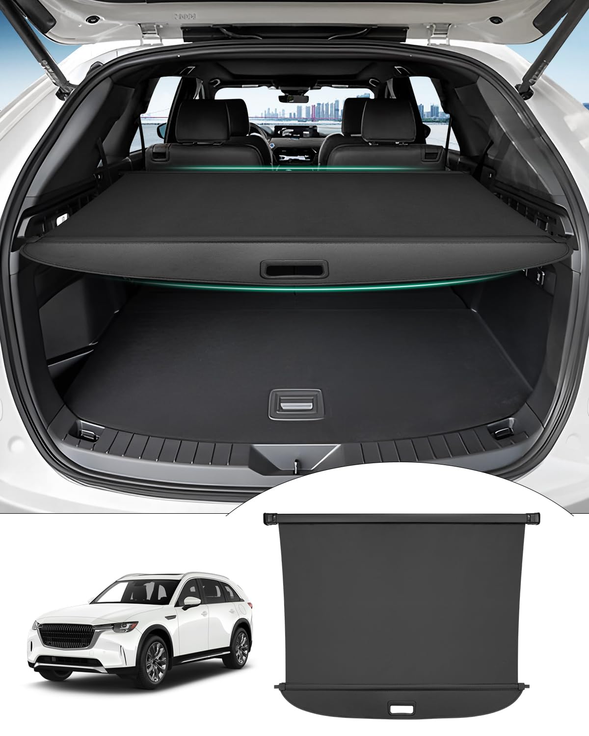 Powerty cargo cover installed in Mazda CX-90 showing clean privacy and security