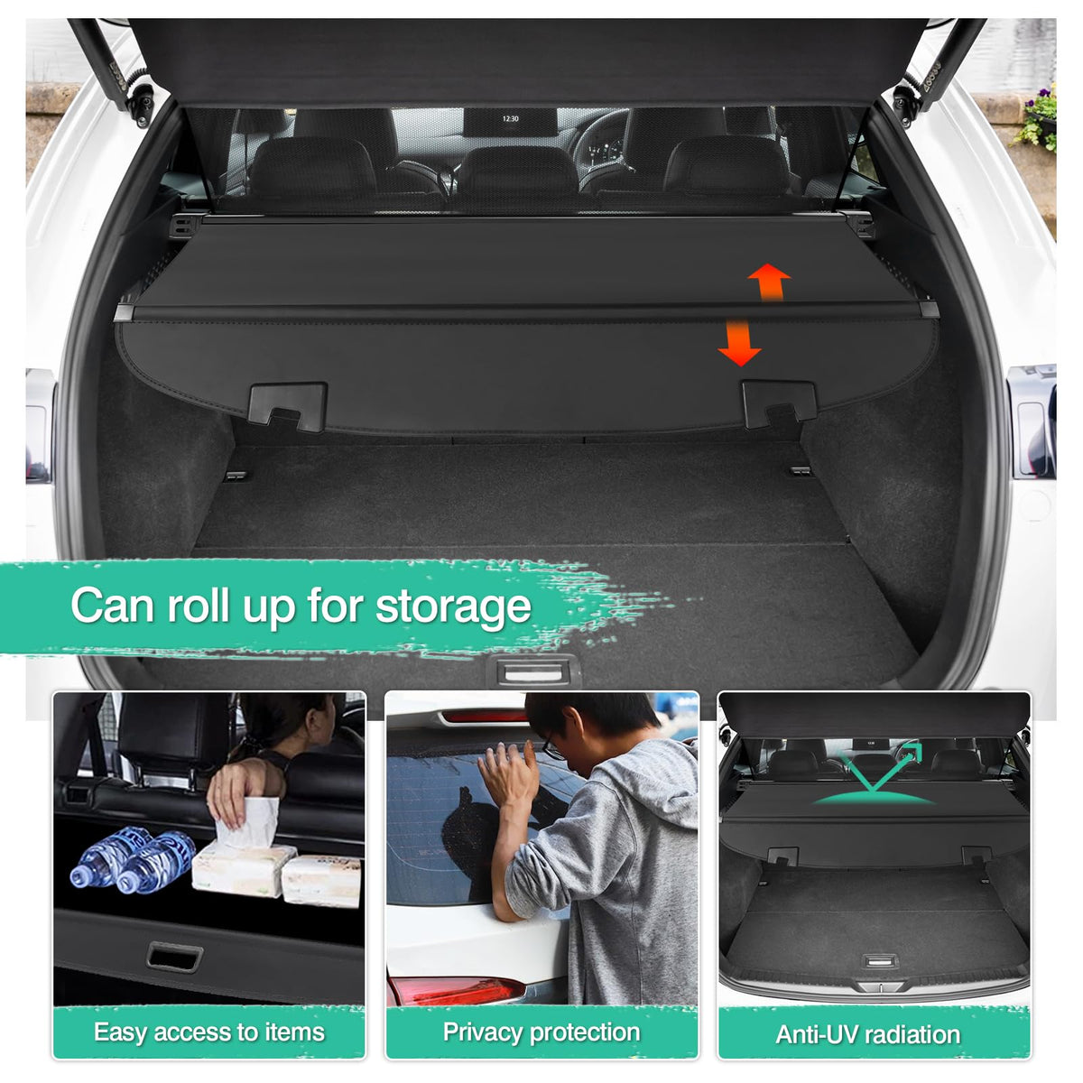 Powerty installed demonstrating concealed lower storage and upper shelf