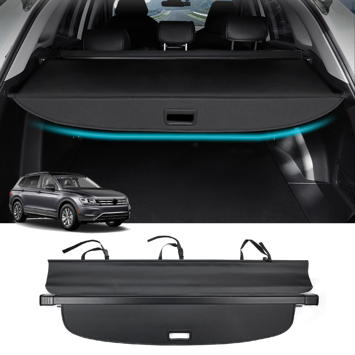 Powerty front view installed in Tiguan showing tidy cargo privacy