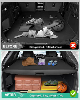 Powerty cover in use with groceries and bags showing organized storage
