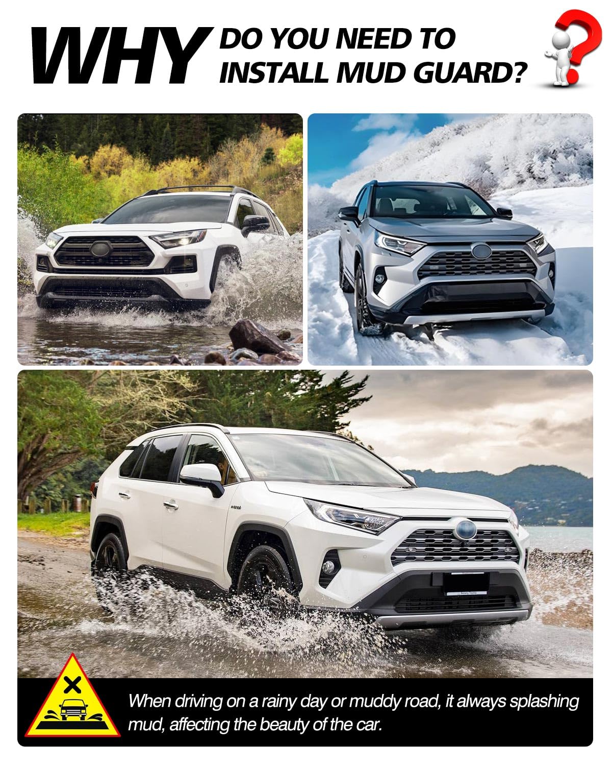 Powerty mud flaps installed on RAV4 front demonstrating debris protection
