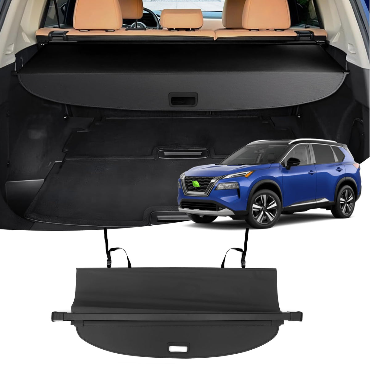 Powerty installed in Nissan Rogue trunk front view shows clean fit and privacy