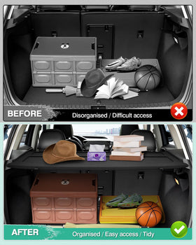 Powerty next to luggage demonstrating size fit and organized storage capacity