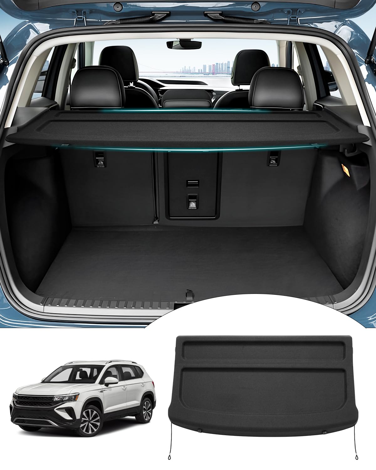 Powerty cargo cover installed in Taos trunk showing neat concealment and security