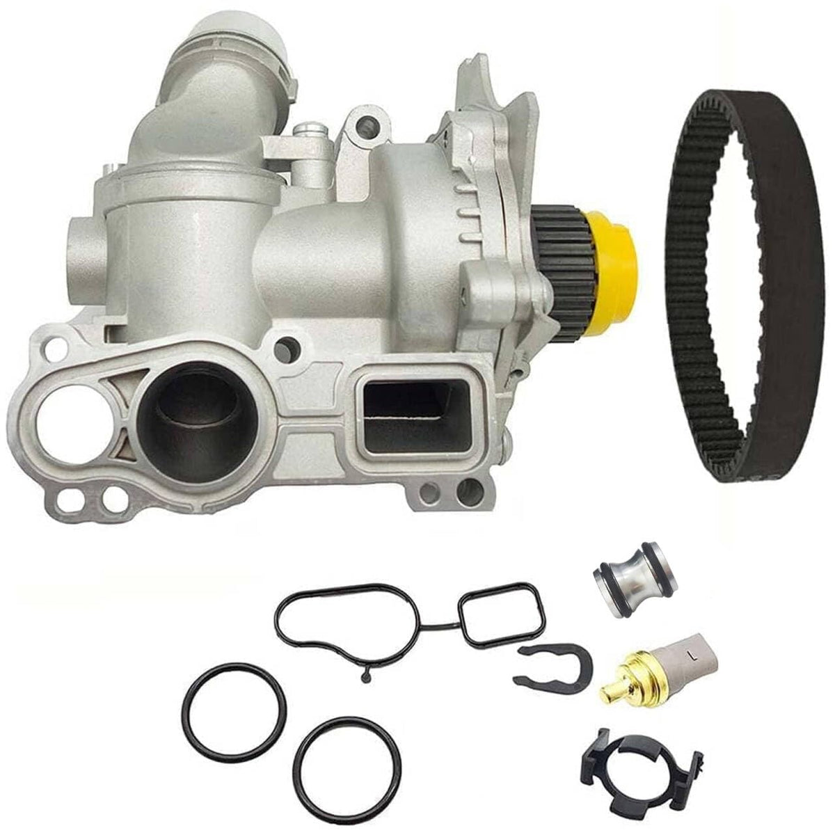 POWERWORKS front view aluminum water pump showing mounting points and benefit of precise fit