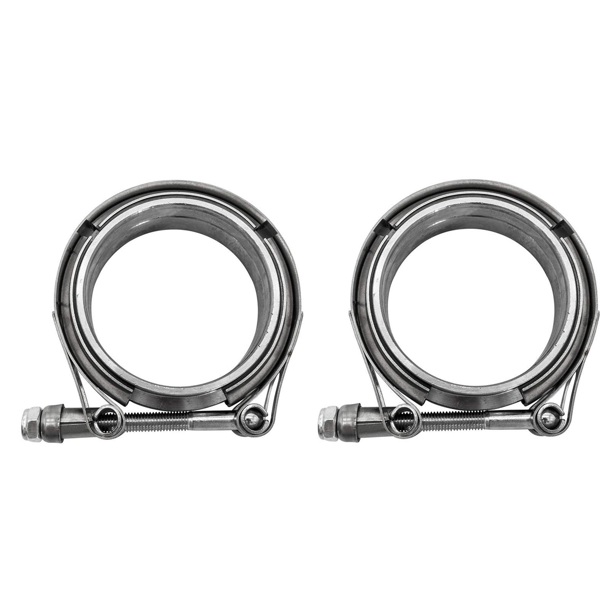 POWERWORKS front view of V‑band clamp kit showing two clamps and four flanges, durable fit