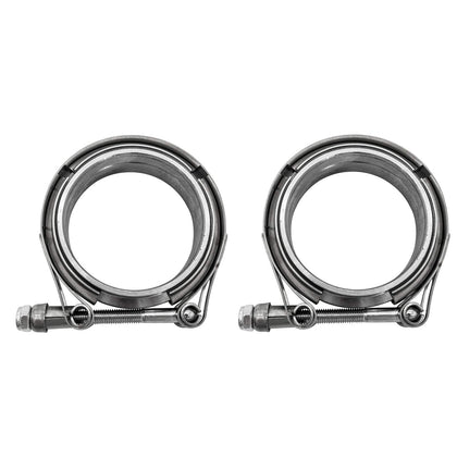POWERWORKS front view of V‑band clamp kit showing two clamps and four flanges, durable fit