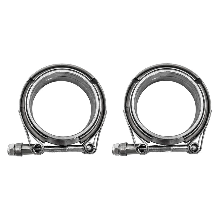 POWERWORKS front view of V‑band clamp kit showing two clamps and four flanges, durable fit