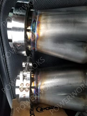 POWERWORKS opened package showing two clamps and four flanges, ready for installation