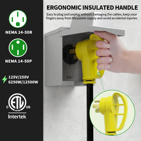 POWGRN connector plugged into RV pedestal showing compatibility and convenience