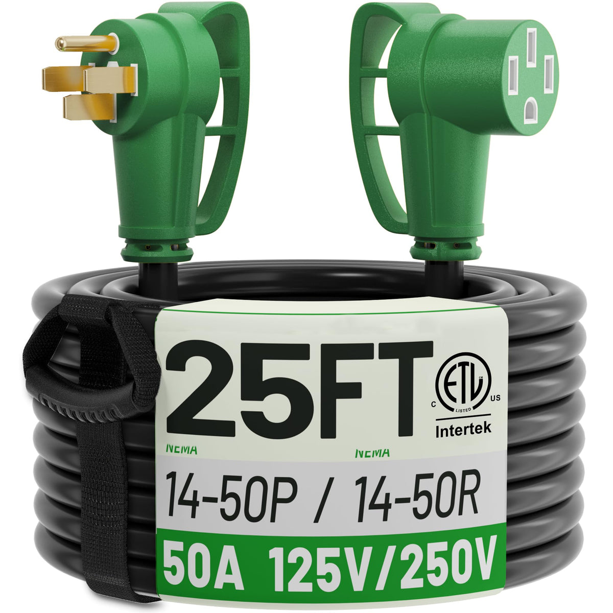 POWGRN front packaging showing 25ft 50A cord, durable outdoor power