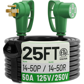 POWGRN front packaging showing 25ft 50A cord, durable outdoor power