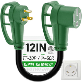 POWGRN front view showing green 30A to 50A connector and clear labeling for safe use
