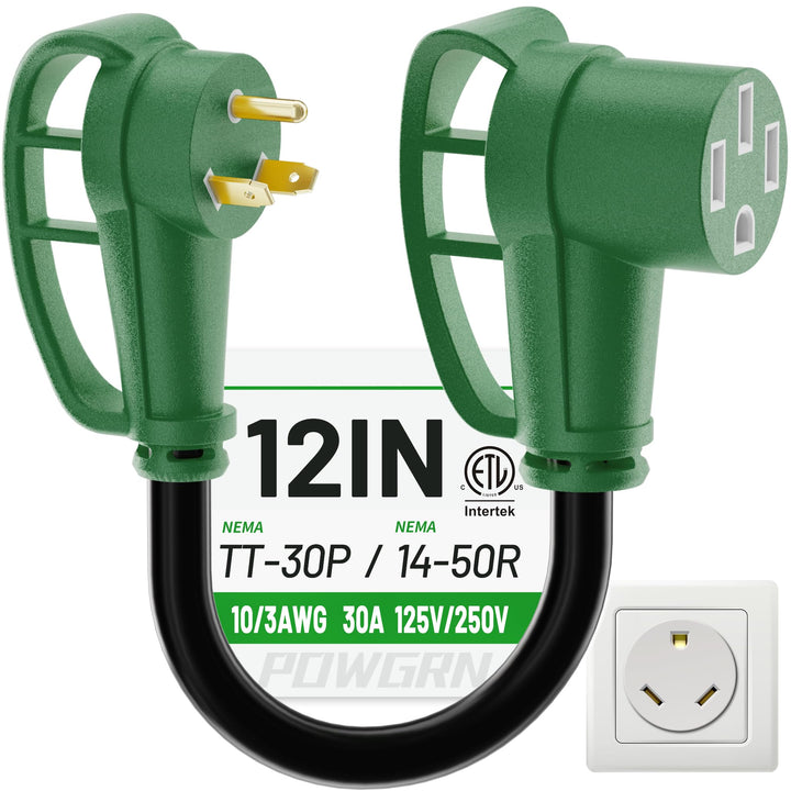 POWGRN front view showing green 30A to 50A connector and clear labeling for safe use