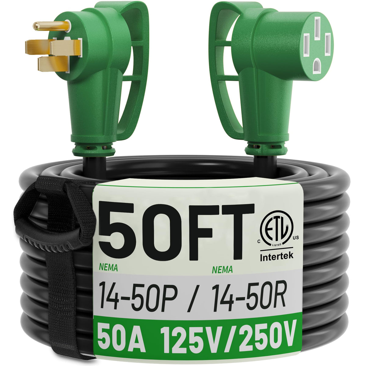 POWGRN front view showing NEMA 14-50P to 14-50R connection and durable plugs