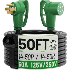 POWGRN front view showing NEMA 14-50P to 14-50R connection and durable plugs