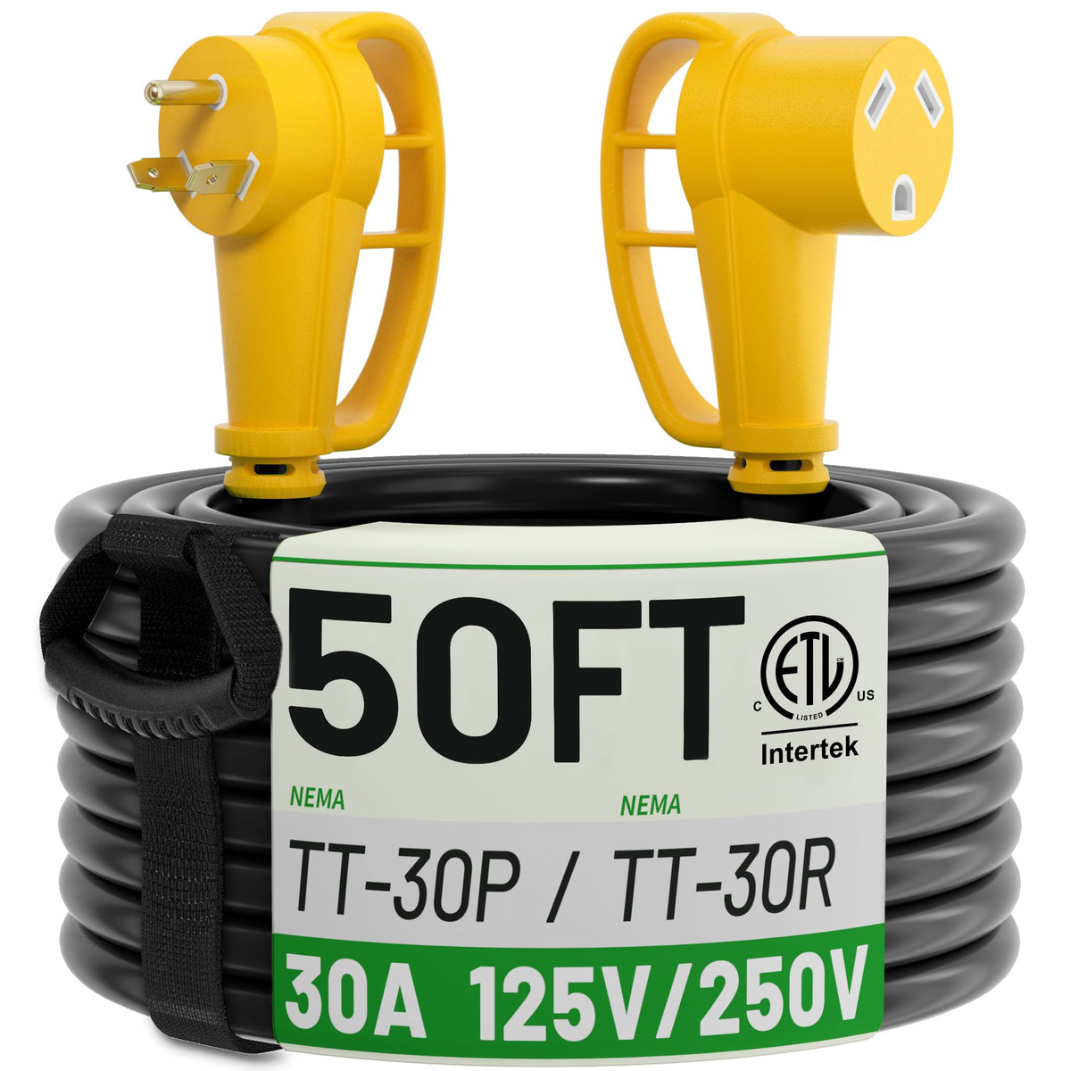 POWGRN front view of 50ft RV cord showing robust plug for safe connection