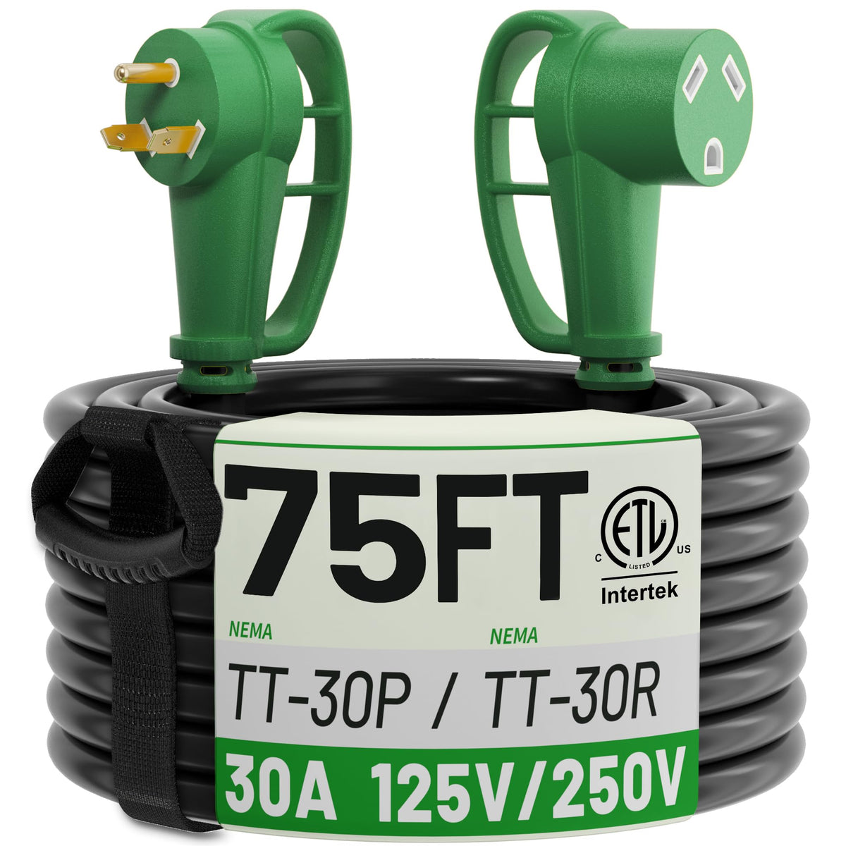 POWGRN front view of 75ft 30 amp cord showing durable jacket and plug benefits
