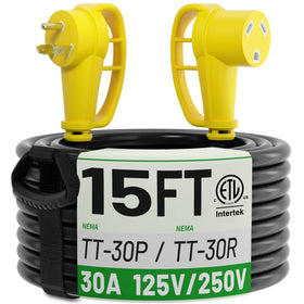 POWGRN 30 amp RV extension cord front view showing robust connectors and safety