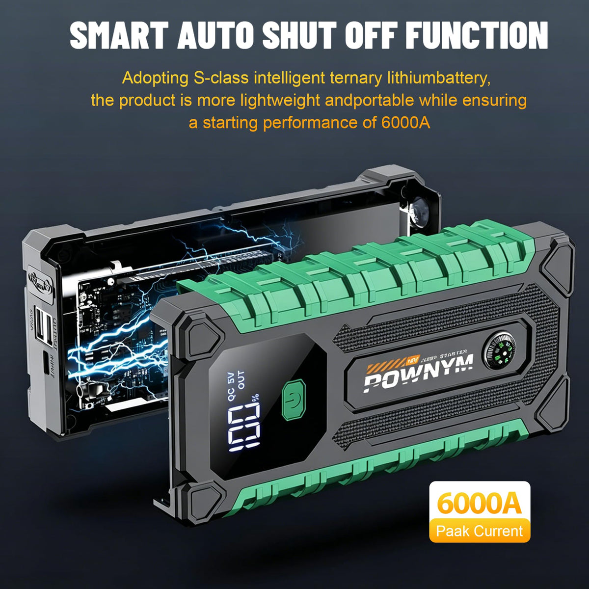 Pownym at roadside with vehicle illustrating emergency start and safety