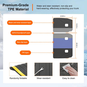 powoq mat beside tape measure showing tailored dimensions and coverage