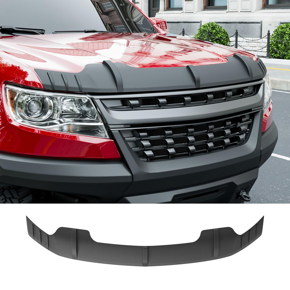 powoq hood protector front view installed on Chevy Colorado shows clean fit and protection