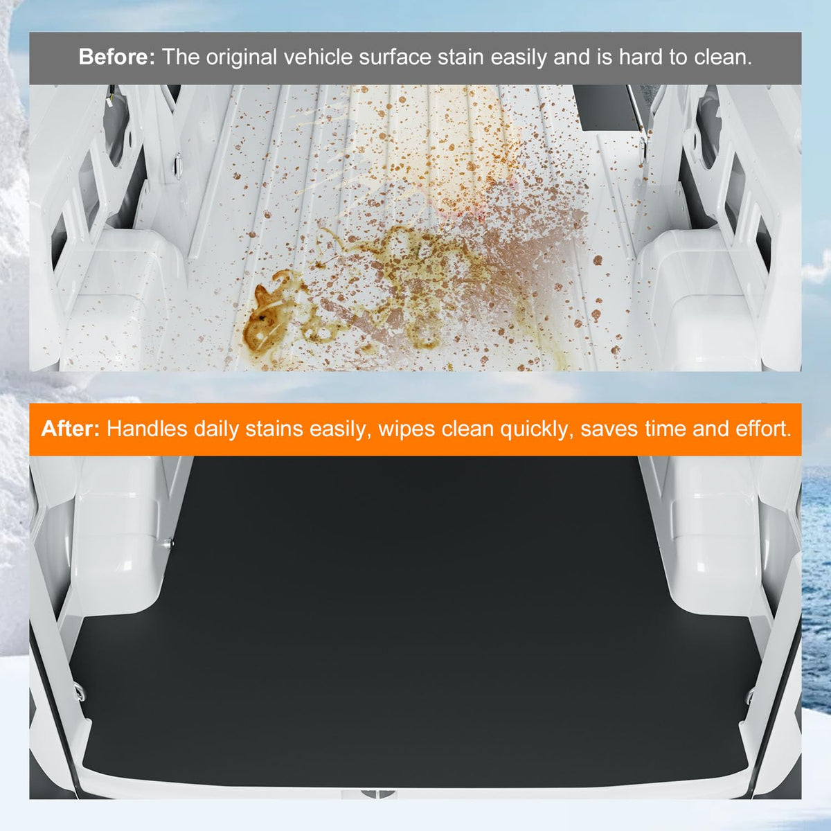 powoq mat installed in Transit cargo area demonstrating full-floor protection