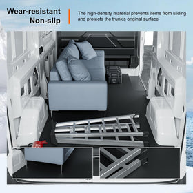 powoq mat beside measuring tape showing correct 148 inch wheelbase fit