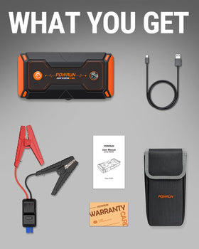 Powrun P-ONE in use jump-starting a car for quick vehicle recovery