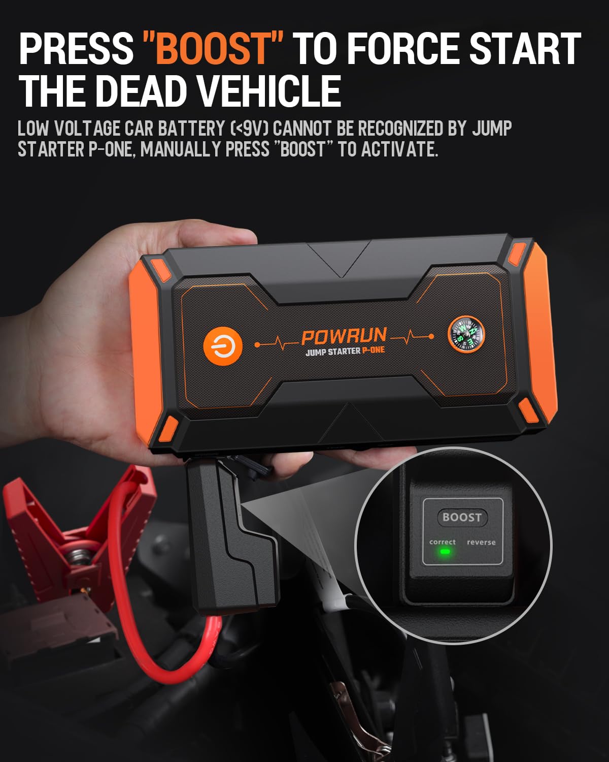 Powrun P-ONE heavy-duty jumper cables detail ensuring safe connections