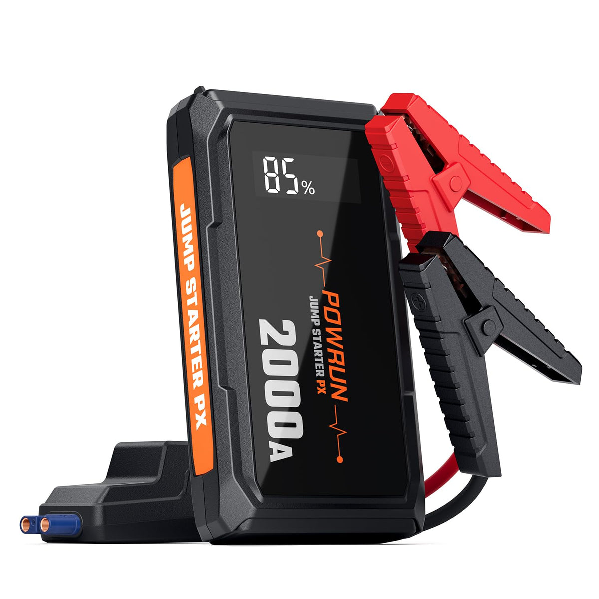 Powrun P-X front view showing compact jump starter and benefits portability