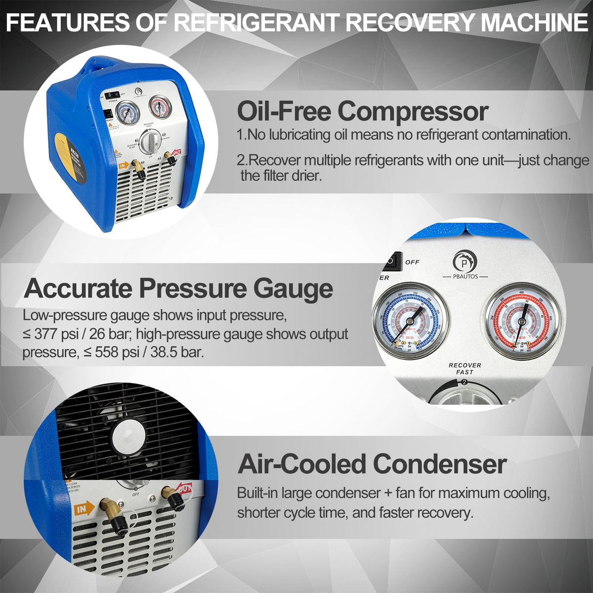 P PBAUTOS replaceable filter drier detail showing moisture removal for cleaner recovered refrigerant