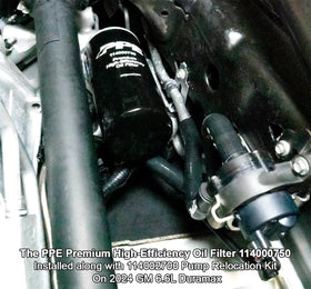 Pacific Performance Engineering installed in Duramax engine bay demonstrating correct fit with relocation bracket