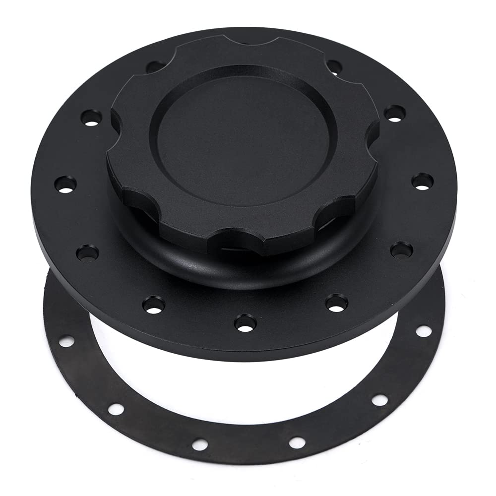 PQY billet aluminum cap front view showing flush mount and black finish for durability