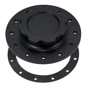 PQY billet aluminum cap front view showing flush mount and black finish for durability