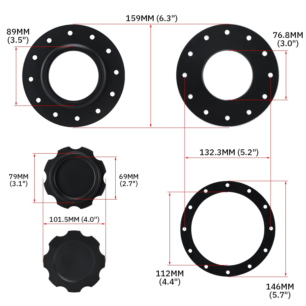 PQY cap next to ruler size comparison showing compact profile and bolt pattern