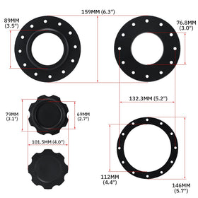 PQY cap next to ruler size comparison showing compact profile and bolt pattern