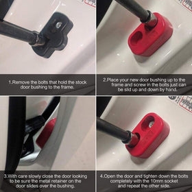 PQY bushing visible on open Miata door illustrating improved feel and quieter drive
