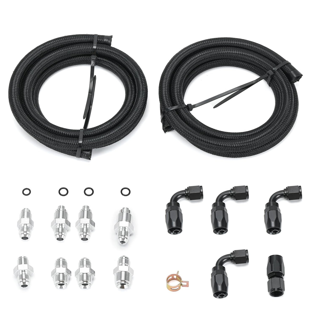 PQY front packaging showing AN6 hose kit and included adapters for clear identification and fit