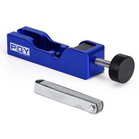 PQY front view of blue aluminum spark plug gap tool showing build and finish, precise adjustment benefit