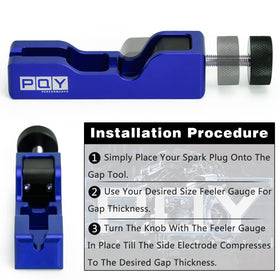PQY spark plug seated in gapper with blade inserted showing accurate gap setting benefit