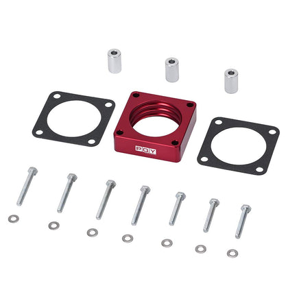 PQY throttle body spacer front view showing red finish and bolt holes for improved airflow