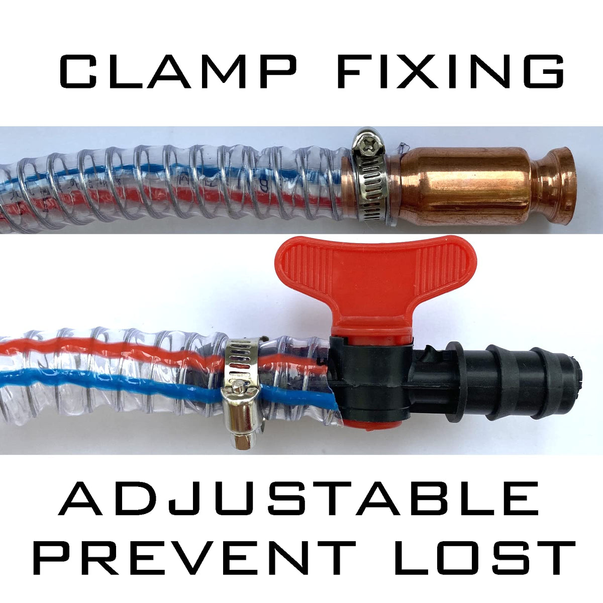 PRCKO hose clamp attachment point showing secure fit and leak prevention