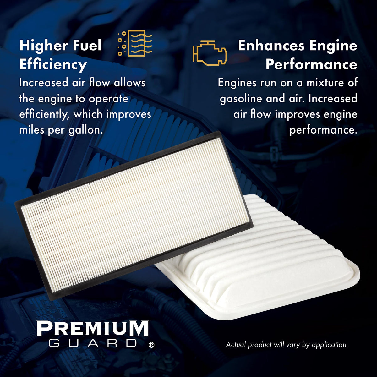 Premium Guard filter holding debris to illustrate high dirt capacity