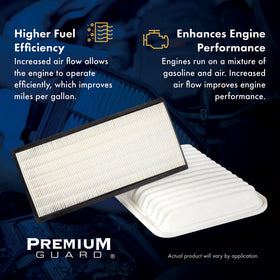 Premium Guard filter holding debris to illustrate high dirt capacity