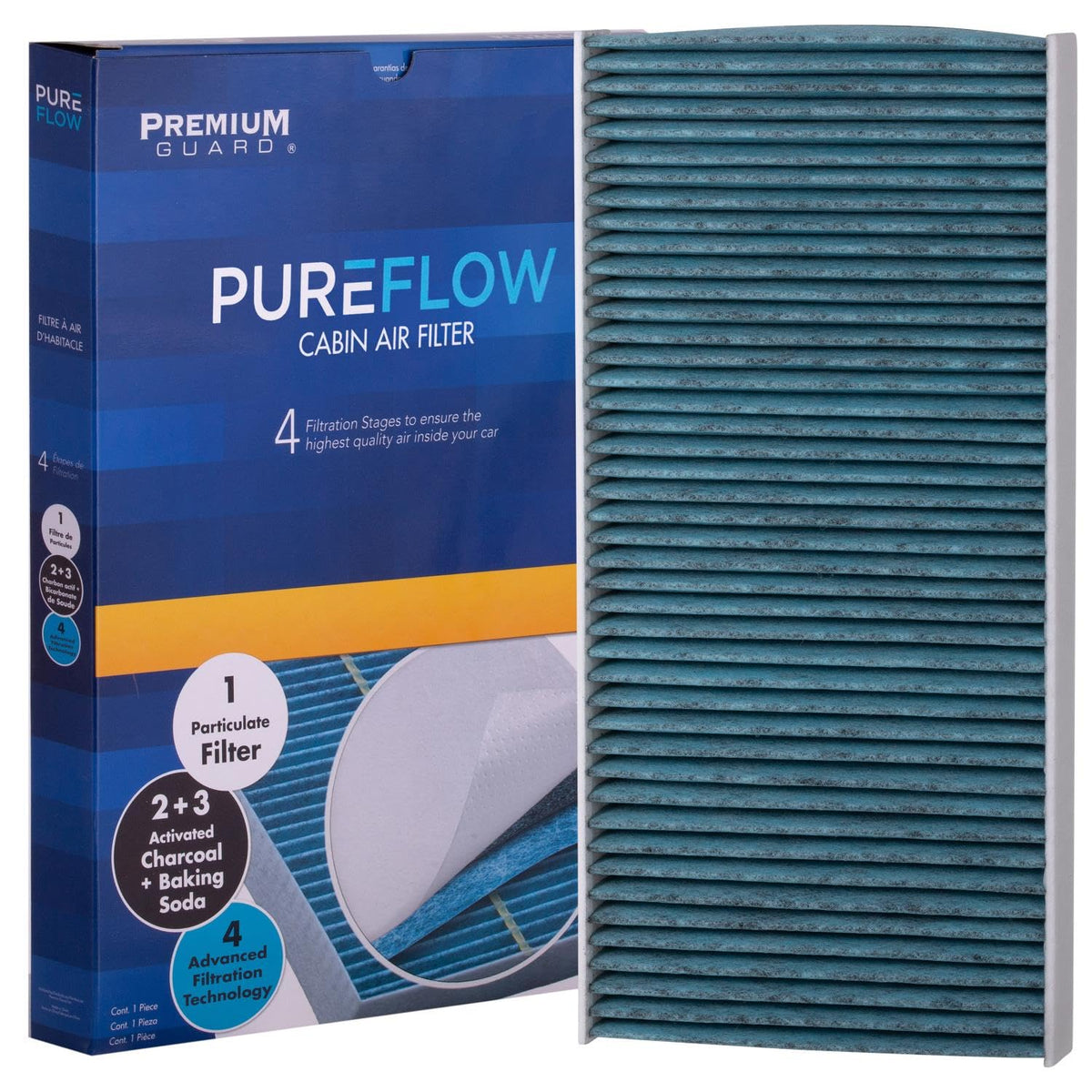 Premium Guard activated charcoal layer detail illustrating gas and odor adsorption benefit: fresher cabin