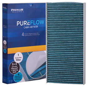 Premium Guard activated charcoal layer detail illustrating gas and odor adsorption benefit: fresher cabin