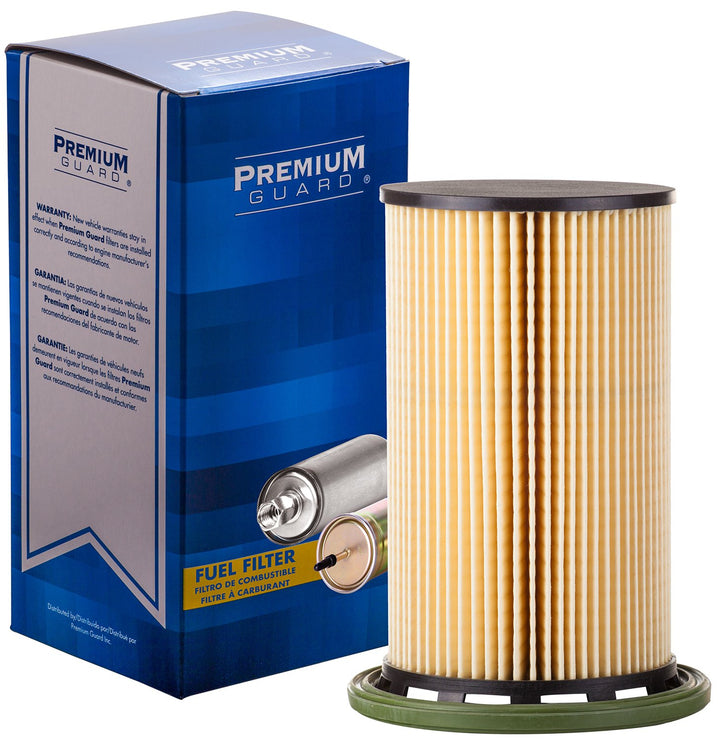 Premium Guard front view of diesel fuel filter showing durable housing and fitment benefit