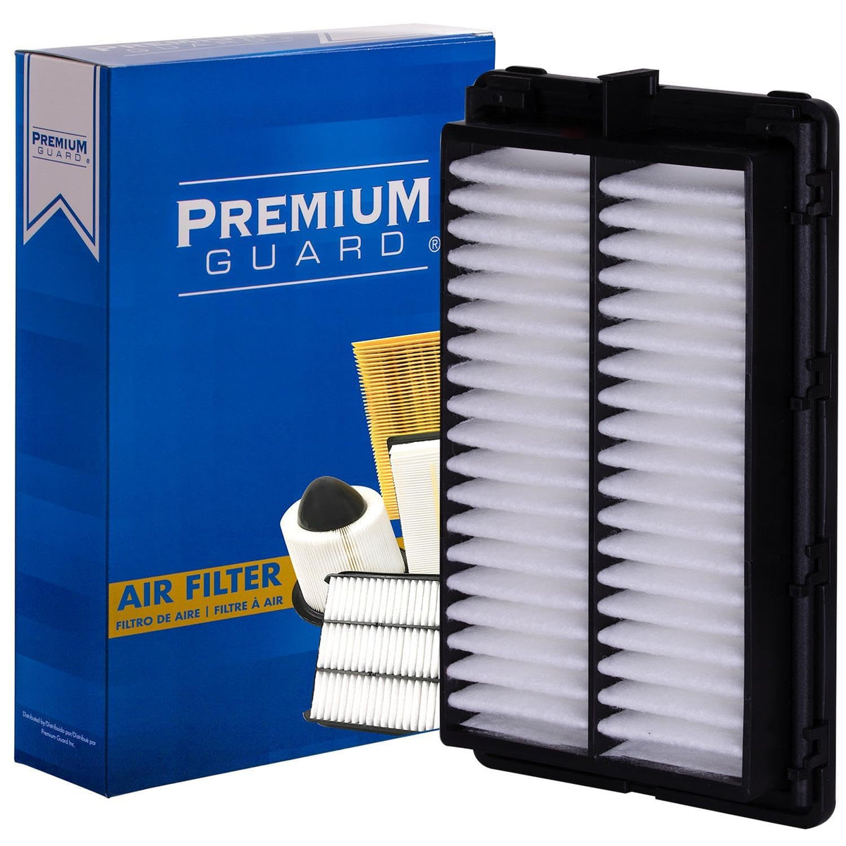 Premium Guard filter front packaging showing model and fitment benefit