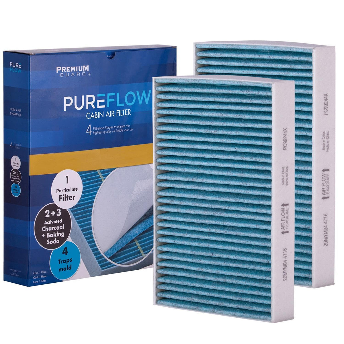 Premium Guard PUREFLOW activated charcoal layer detail, adsorbing gases and reducing cabin odors